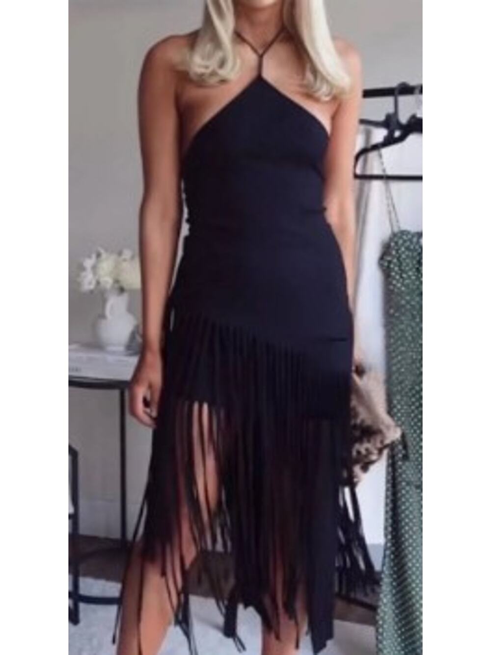 Zara Black Ribbed Halter Top with Long Black Fringe Hem Size Small
